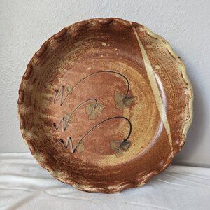 Studio Art Pottery Rustic Pie Tart Plate Dish Ruffled Fluted Edge Signed